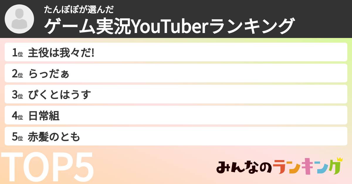 たんぽぽさんの「ゲーム実況YouTuberランキング」