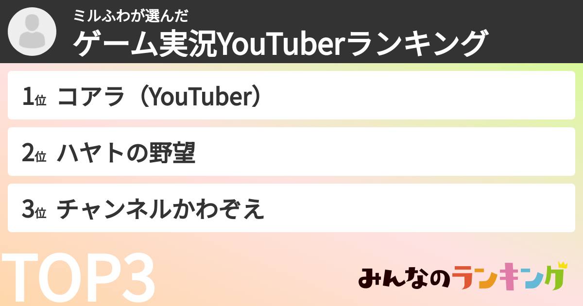 ミルふわさんの「ゲーム実況YouTuberランキング」