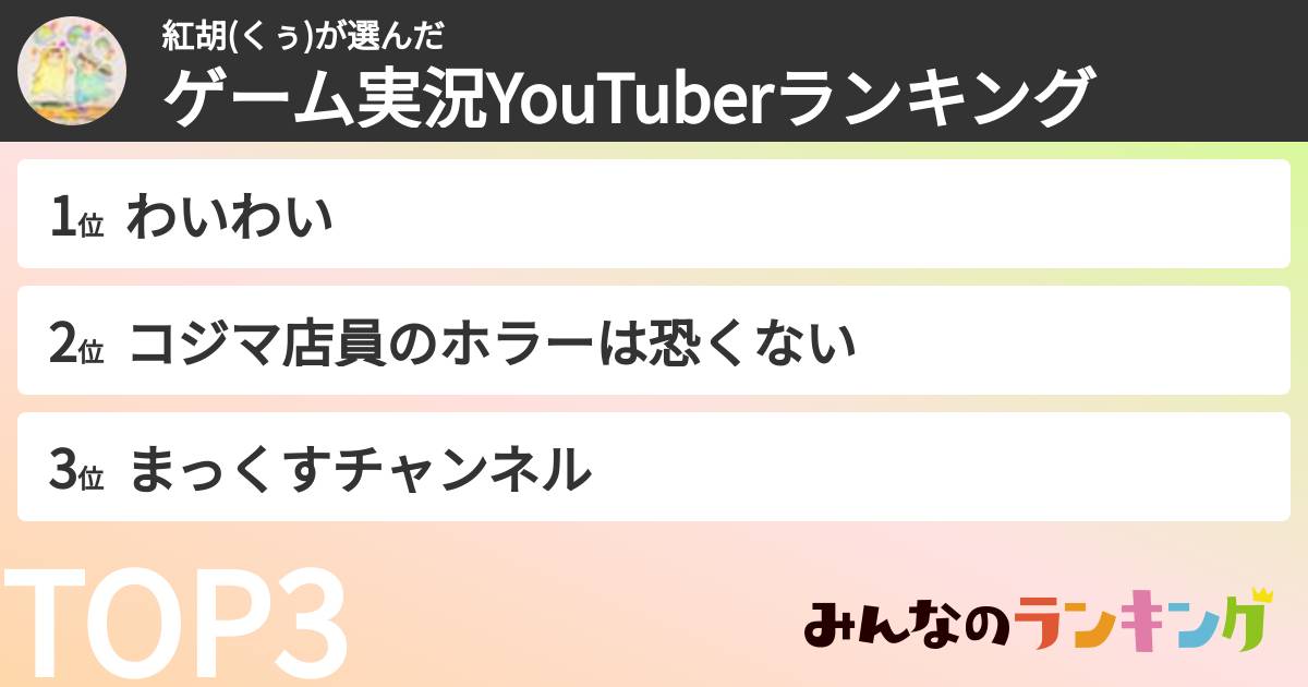 紅胡(くぅ)さんの「ゲーム実況YouTuberランキング」