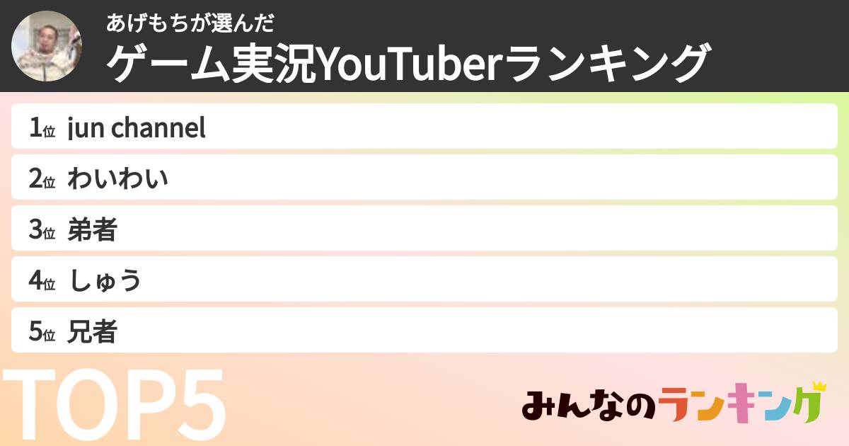 あげもちさんの「ゲーム実況YouTuberランキング」