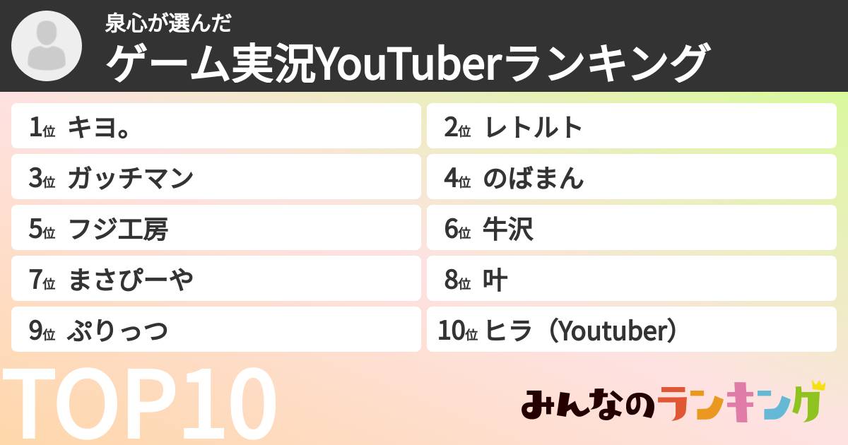 泉心さんの「ゲーム実況YouTuberランキング」