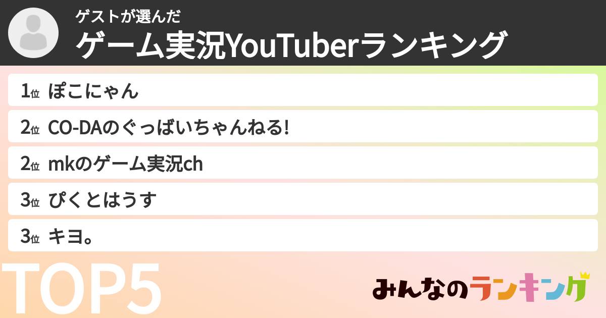 ゲストさんの「ゲーム実況YouTuberランキング」