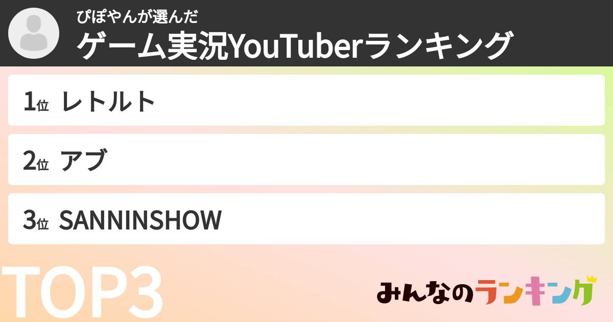 ぴぽやんさんの「ゲーム実況YouTuberランキング」