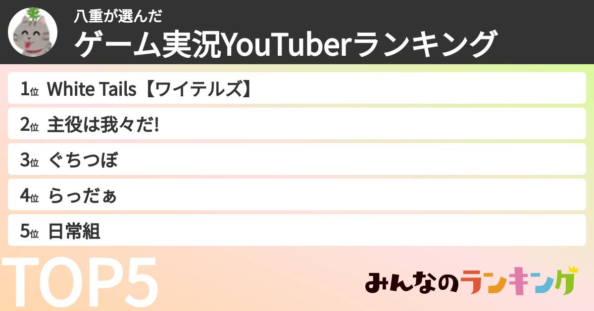 八重さんの「ゲーム実況YouTuberランキング」