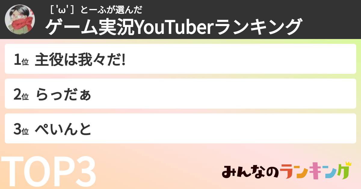 ［ 'ω' ］とーふさんの「ゲーム実況YouTuberランキング」