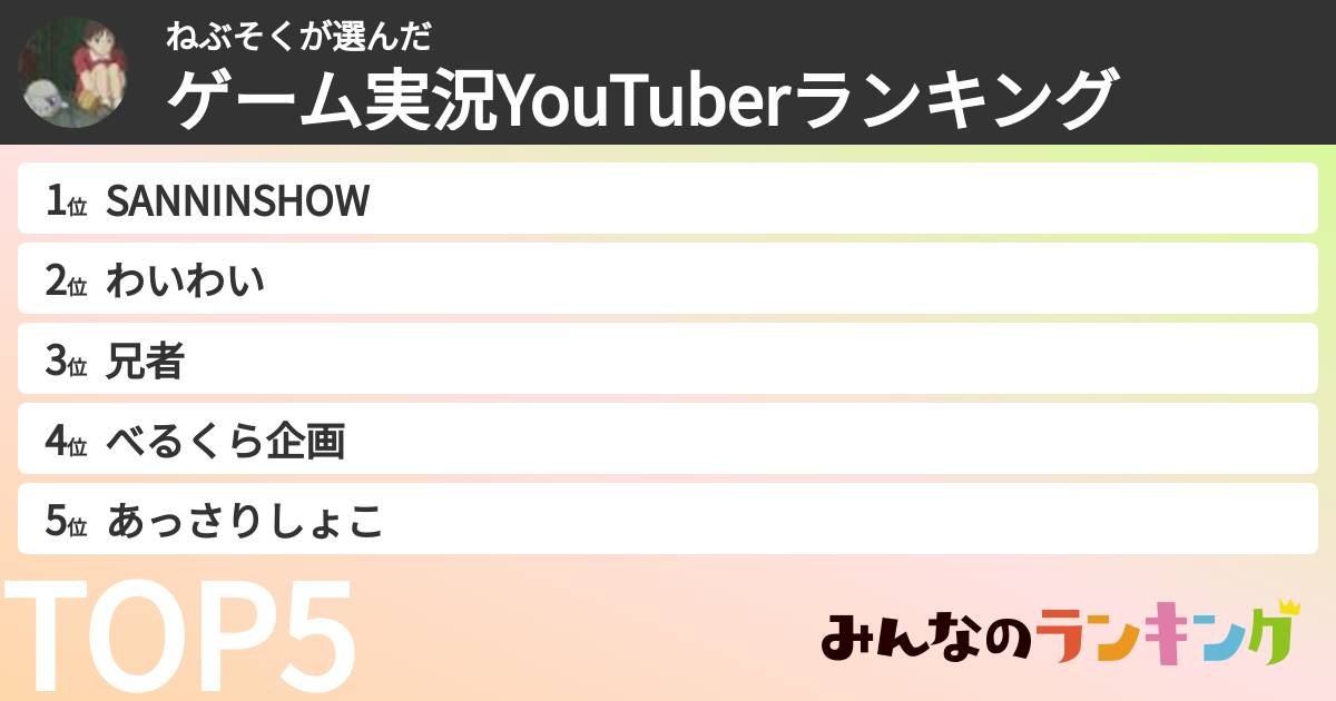 ねぶそくさんの「ゲーム実況YouTuberランキング」