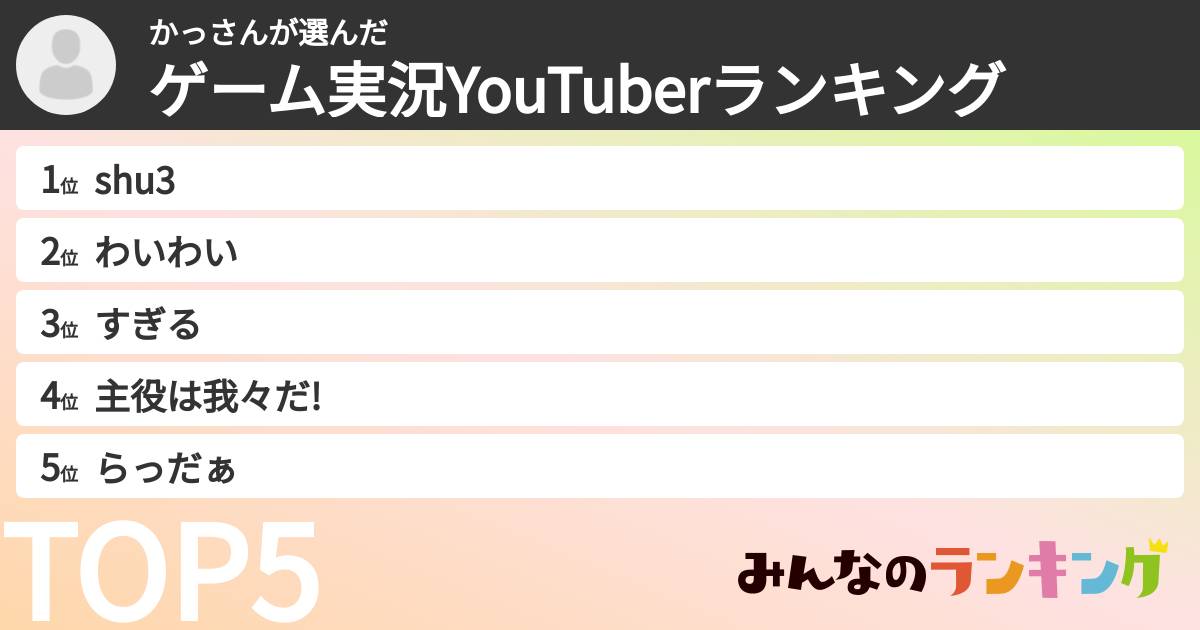 かっさんさんの「ゲーム実況YouTuberランキング」