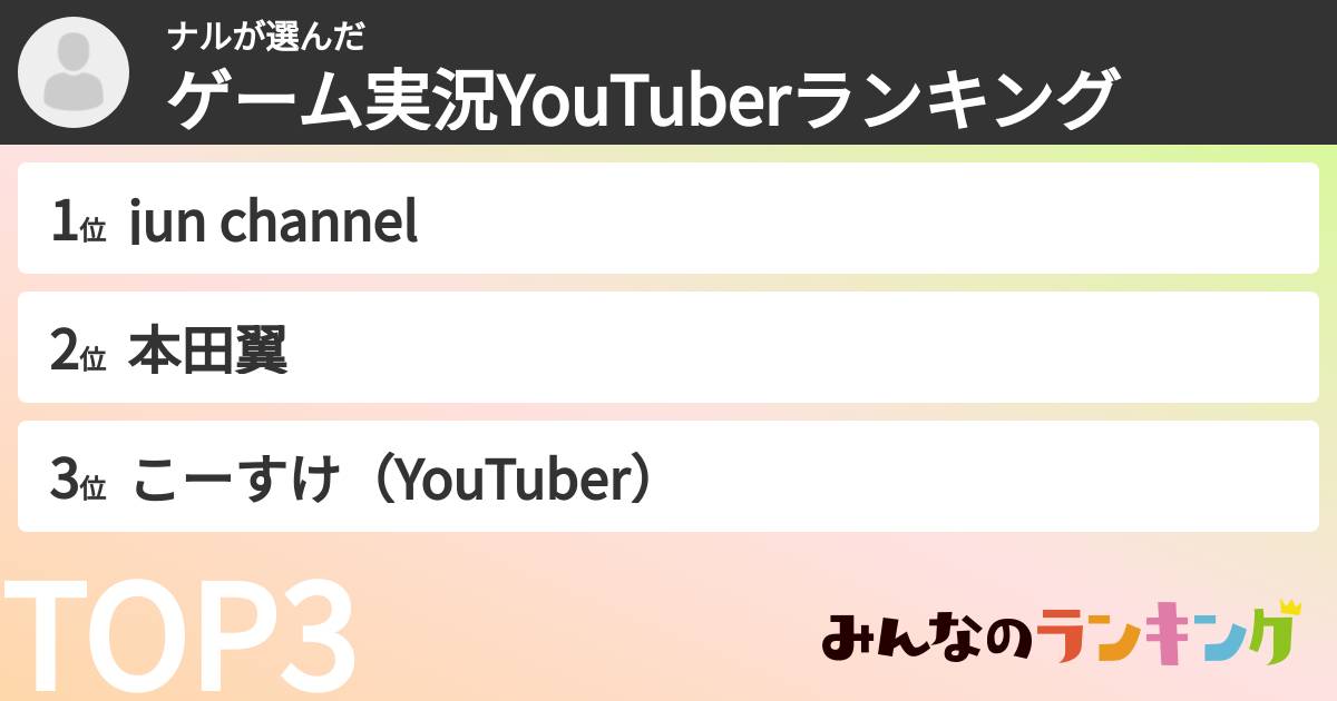 ナルさんの「ゲーム実況YouTuberランキング」