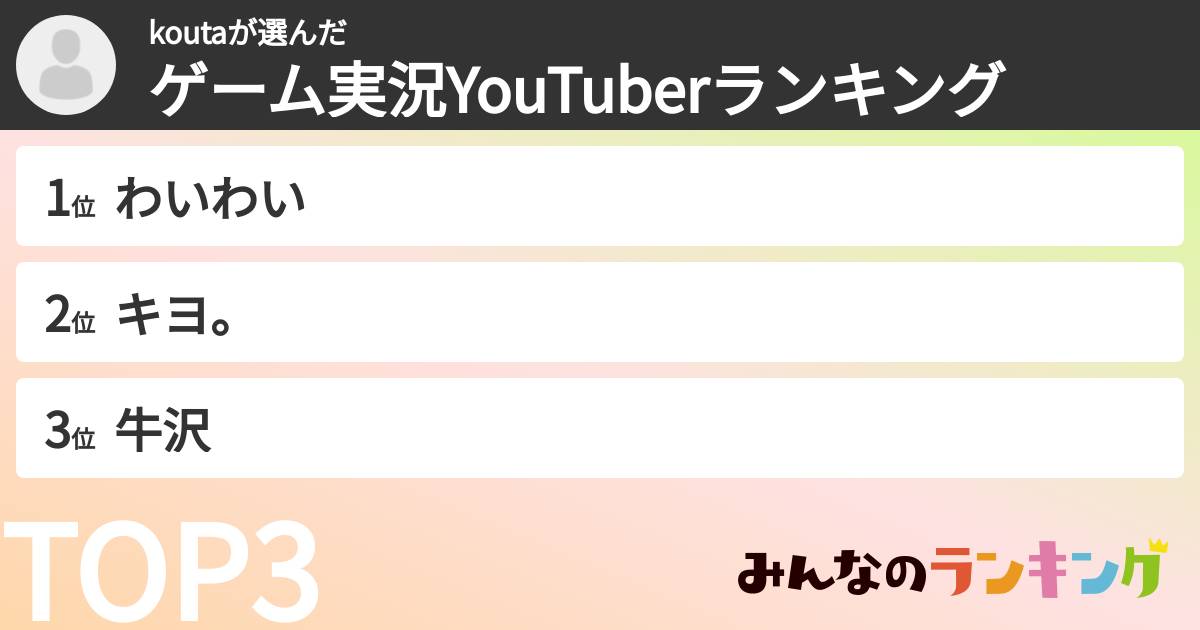 koutaさんの「ゲーム実況YouTuberランキング」
