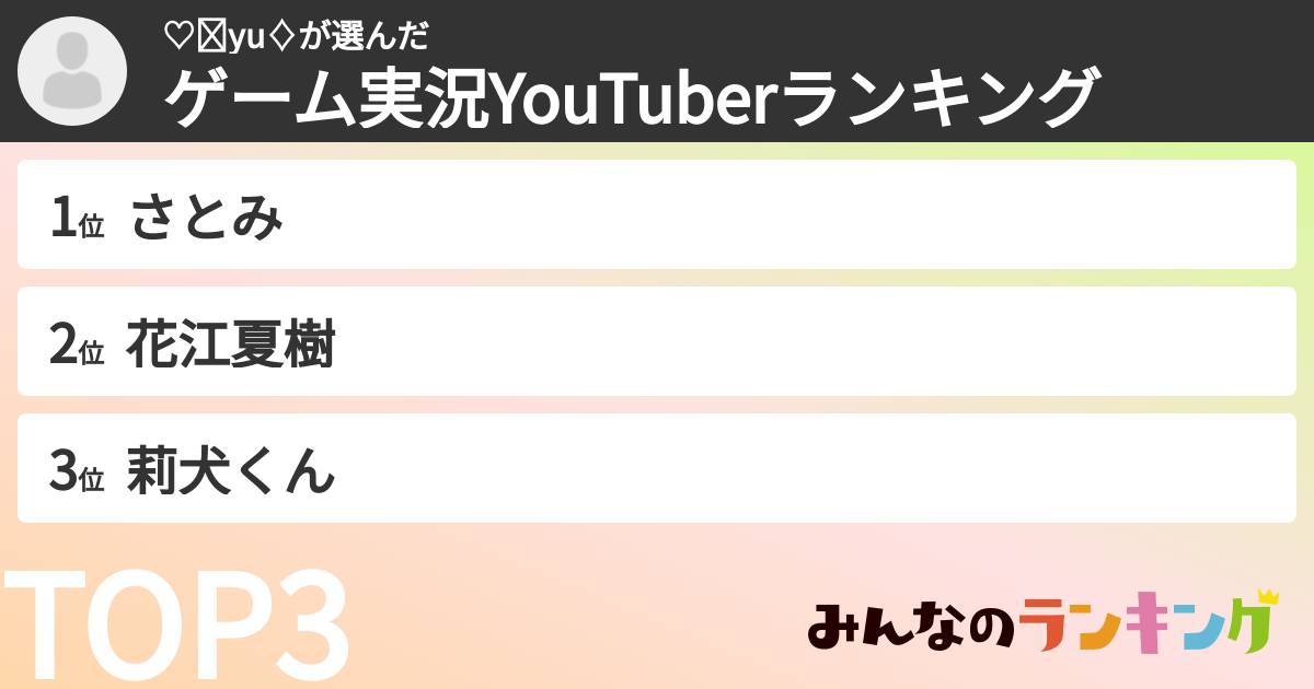 ♡₳yu♢さんの「ゲーム実況YouTuberランキング」