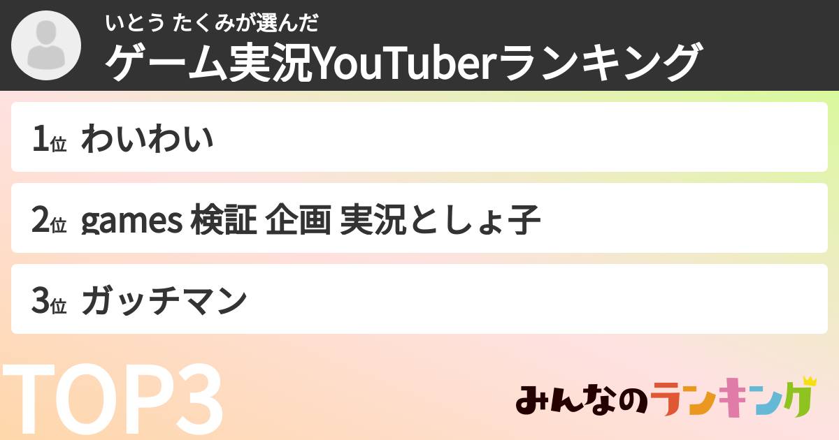 いとう たくみさんの「ゲーム実況YouTuberランキング」
