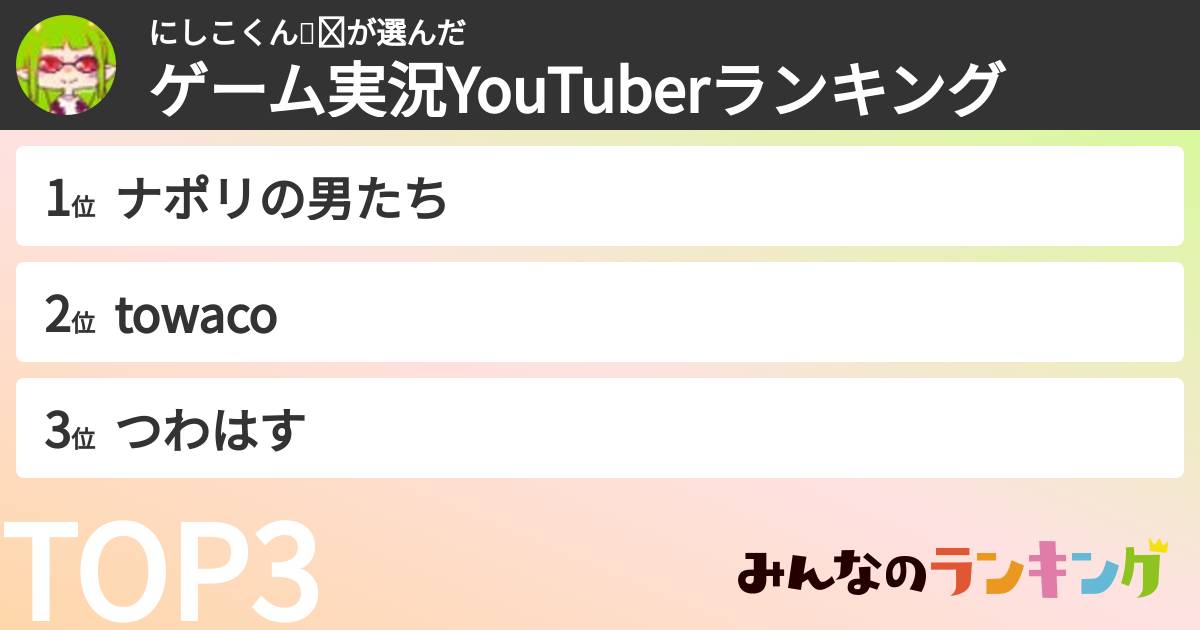 にしこくん🌇🗝さんの「ゲーム実況YouTuberランキング」