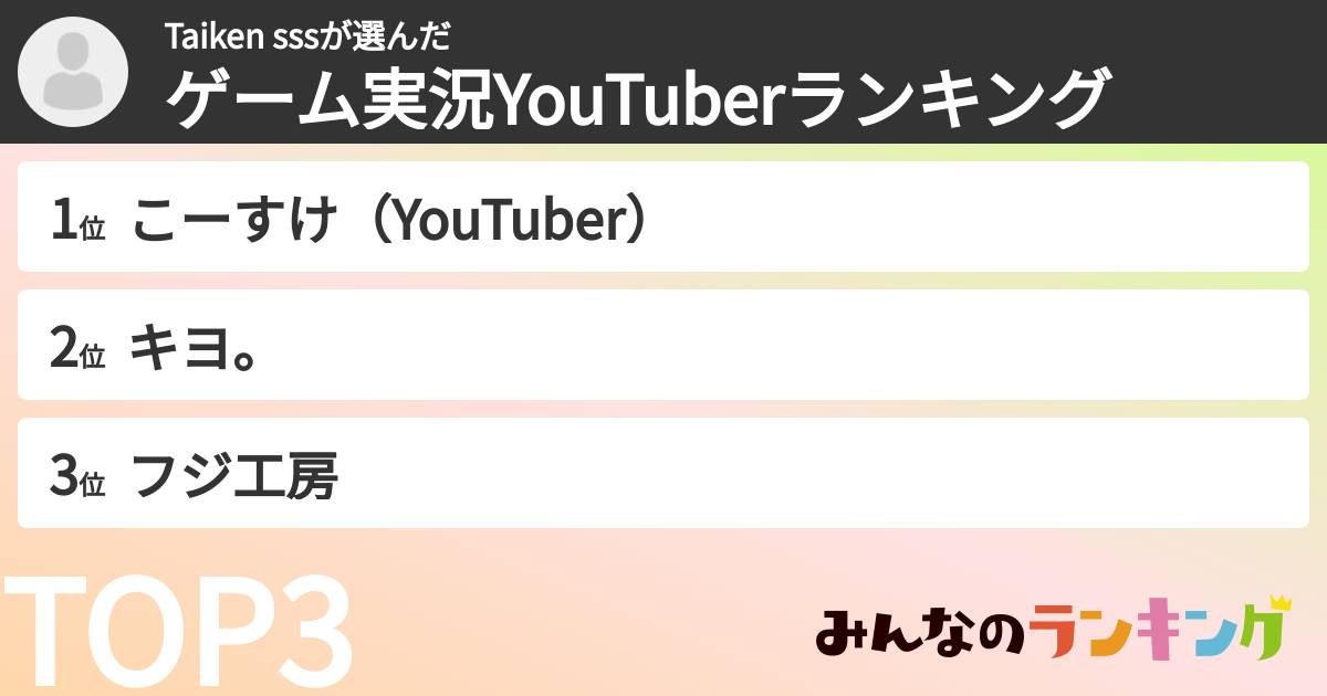 Taiken sssさんの「ゲーム実況YouTuberランキング」