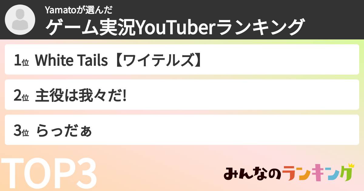 Yamatoさんの「ゲーム実況YouTuberランキング」