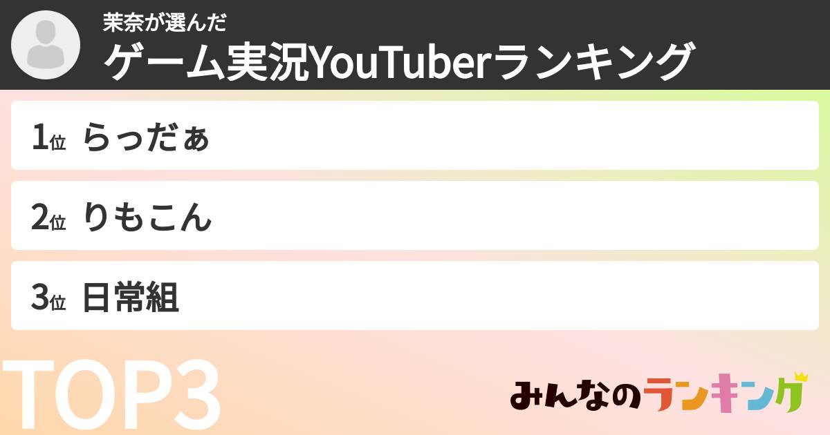 茉奈さんの「ゲーム実況YouTuberランキング」