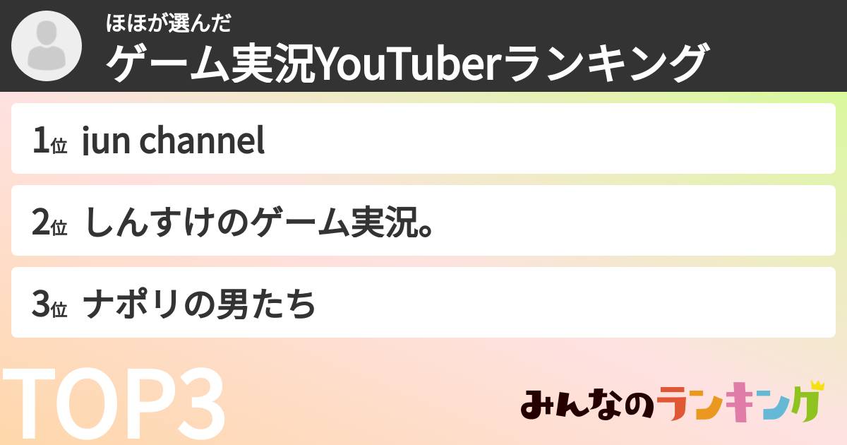 ほほさんの「ゲーム実況YouTuberランキング」
