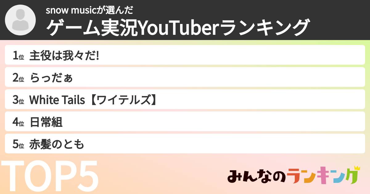 snow musicさんの「ゲーム実況YouTuberランキング」