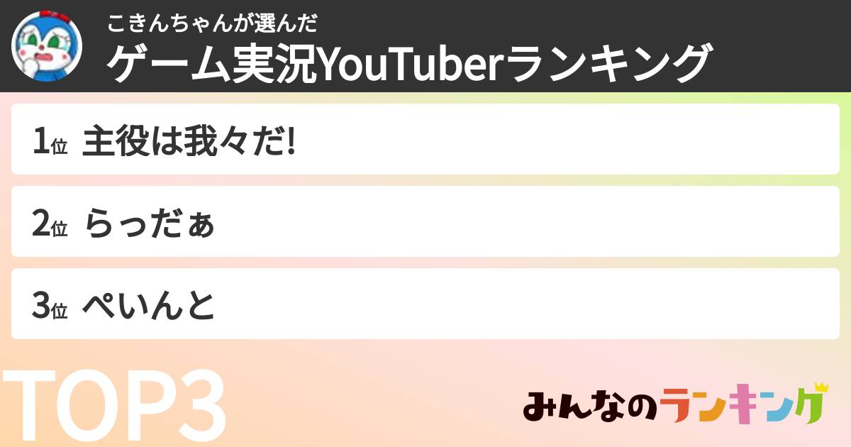 ︎︎こきんちゃん︎︎さんの「ゲーム実況YouTuberランキング」