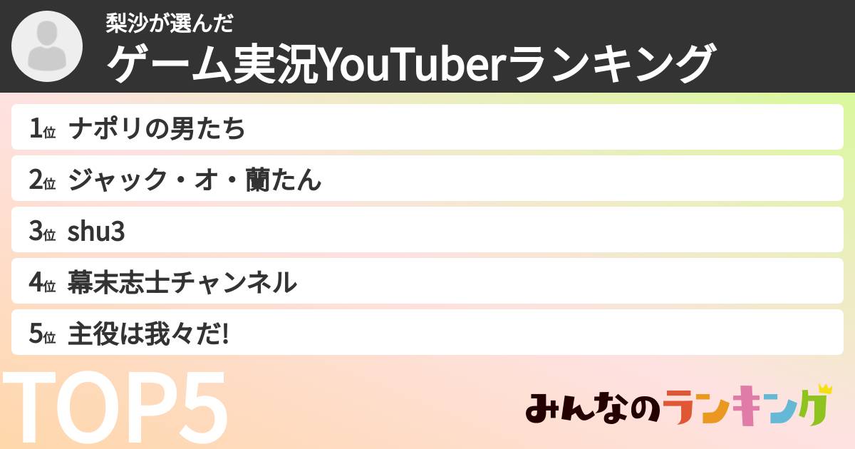 梨沙さんの「ゲーム実況YouTuberランキング」