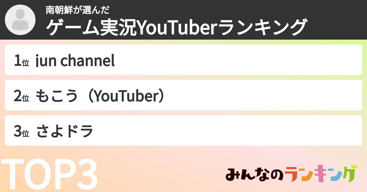 南朝鮮さんの「ゲーム実況YouTuberランキング」