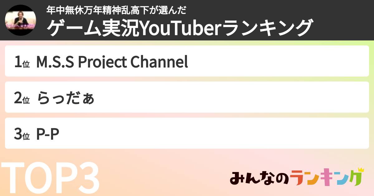 年中無休万年精神乱高下さんの「ゲーム実況YouTuberランキング」