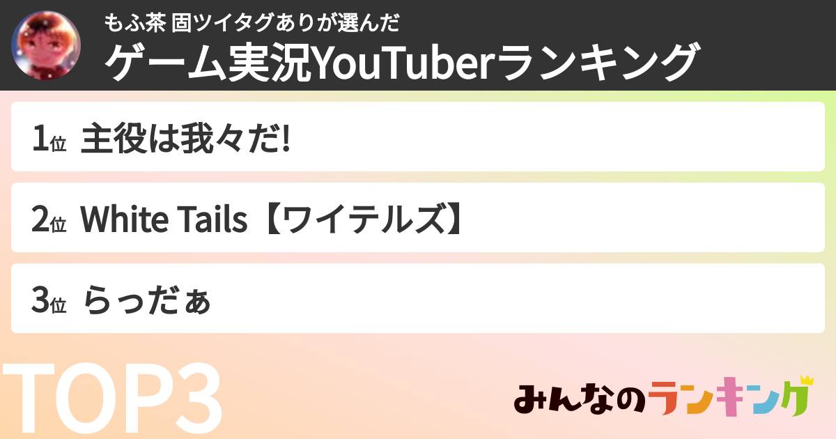 もふ茶 固ツイタグありさんの「ゲーム実況YouTuberランキング」