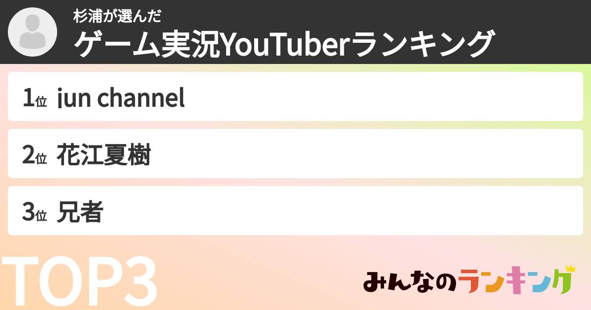 杉浦さんの「ゲーム実況YouTuberランキング」
