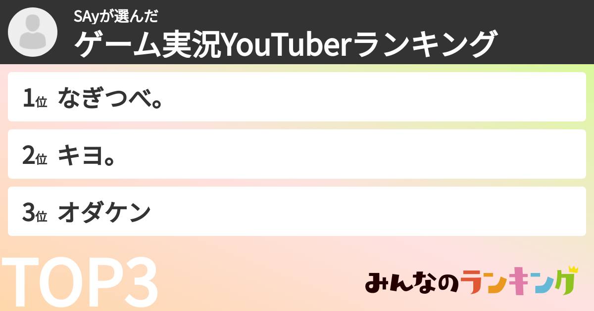SAyさんの「ゲーム実況YouTuberランキング」