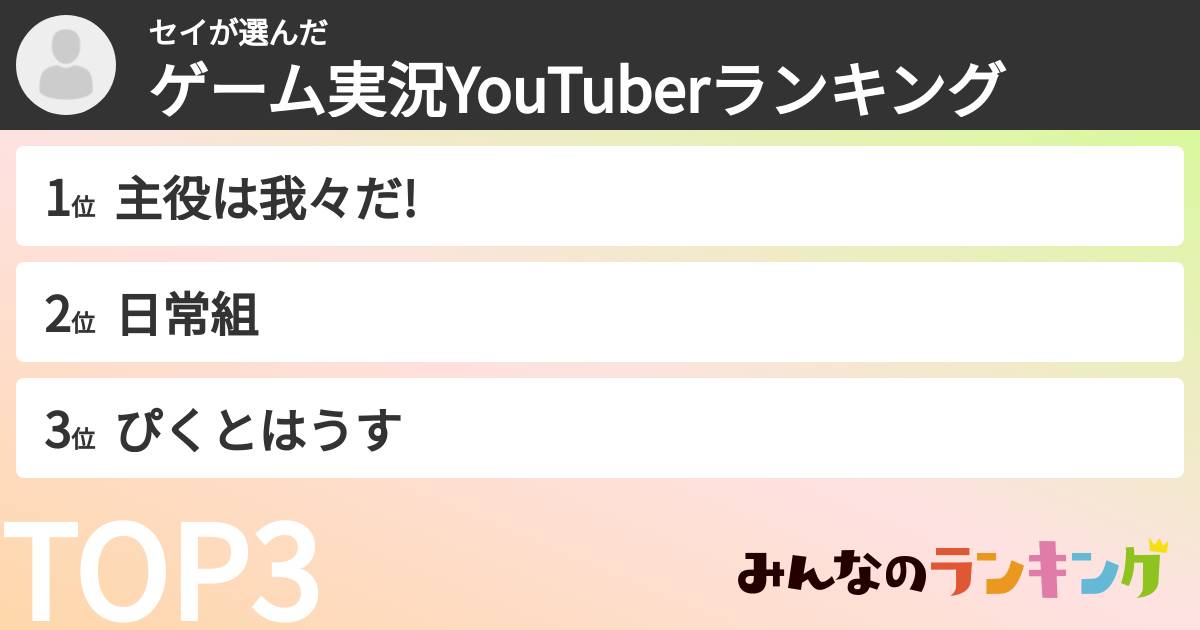 セイさんの「ゲーム実況YouTuberランキング」