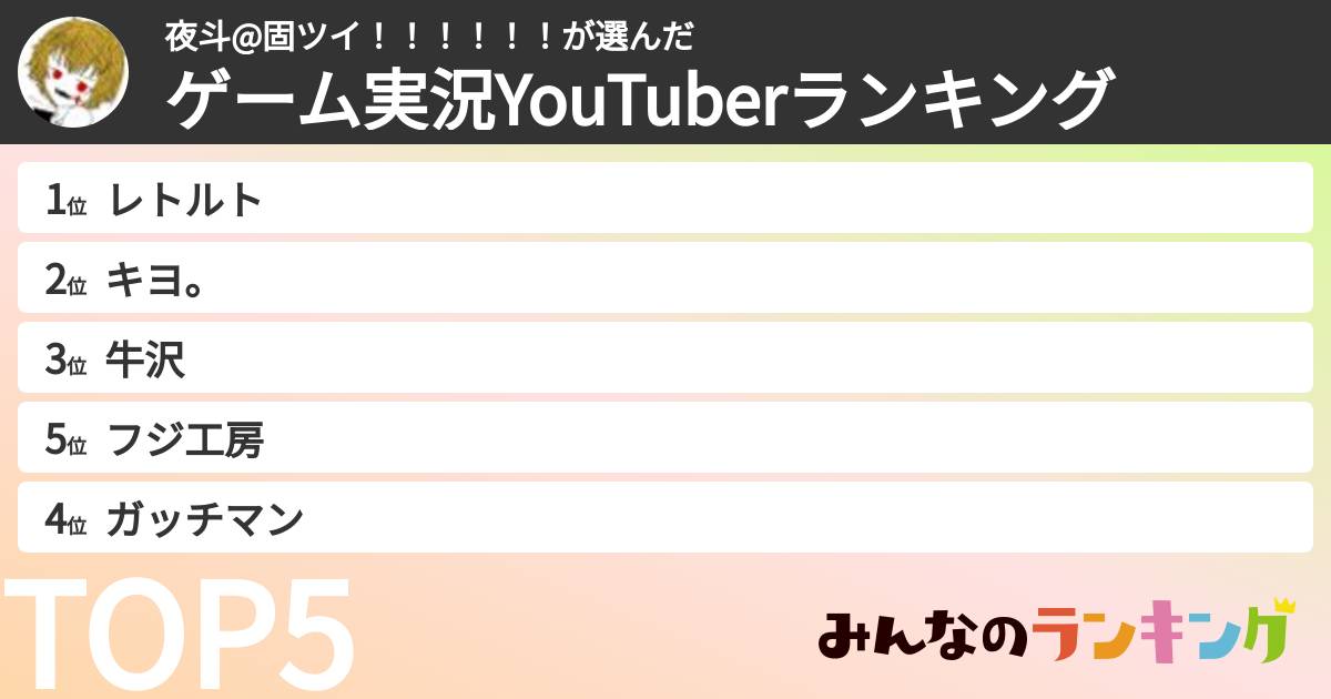 夜斗@固ツイ！！！！！！さんの「ゲーム実況YouTuberランキング」