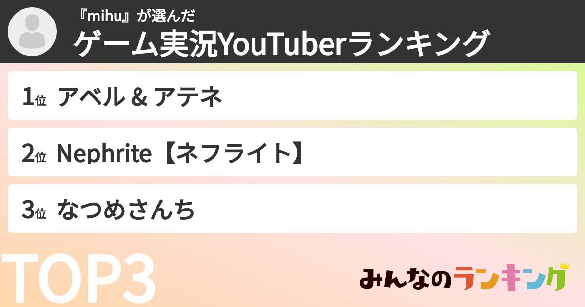 『mihu』さんの「ゲーム実況YouTuberランキング」