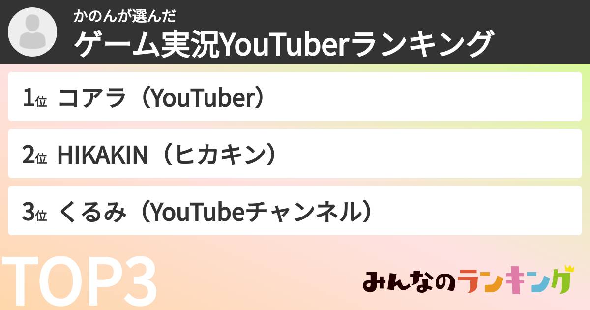 かのんさんの「ゲーム実況YouTuberランキング」