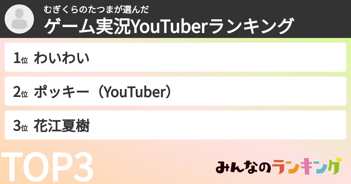 むぎくらのたつまさんの「ゲーム実況YouTuberランキング」