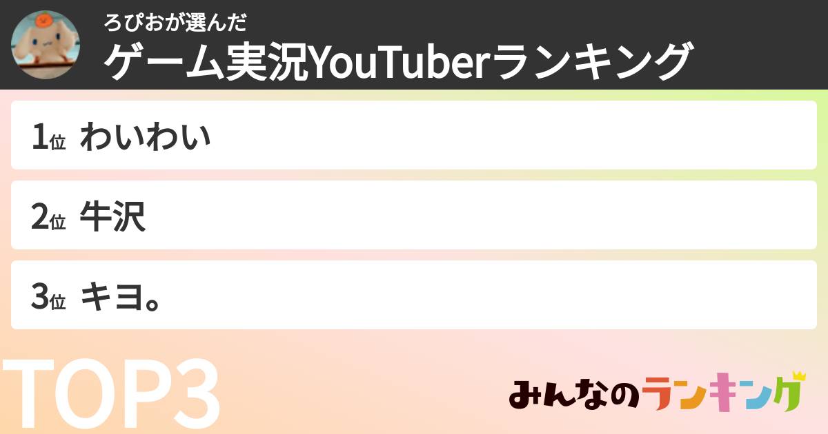 ろぴおさんの「ゲーム実況YouTuberランキング」