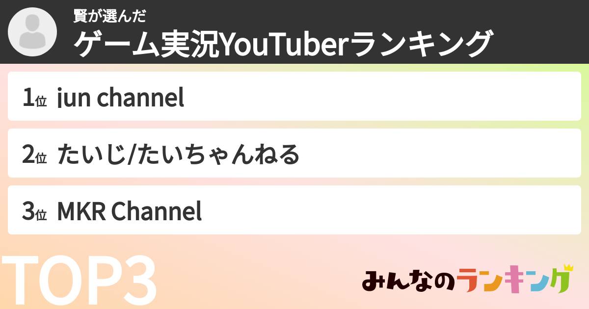 賢さんの「ゲーム実況YouTuberランキング」