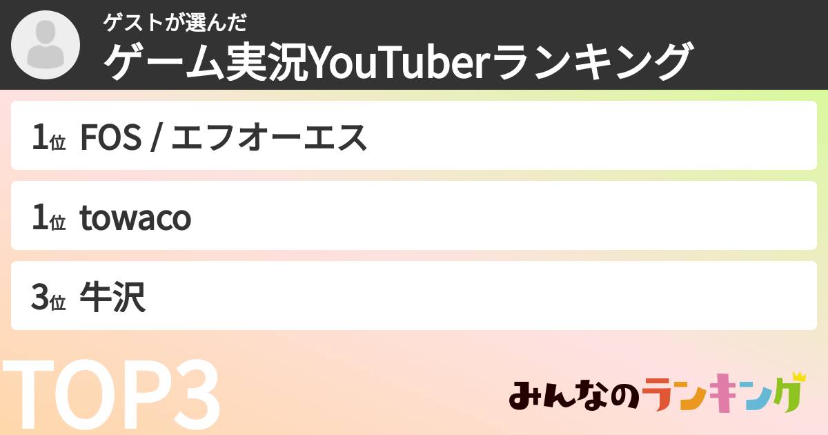 ゲストさんの「ゲーム実況YouTuberランキング」