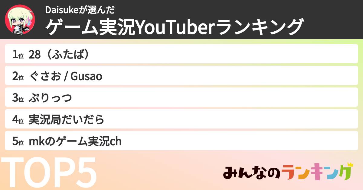 Daisukeさんの「ゲーム実況YouTuberランキング」