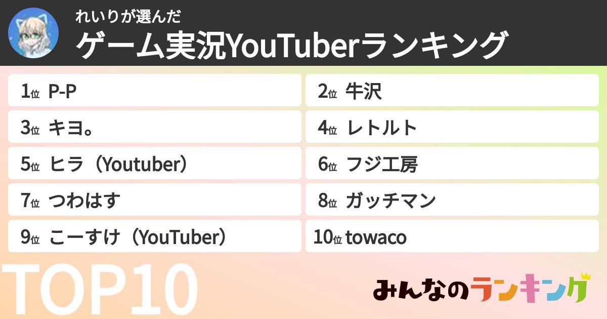 れいりさんの「ゲーム実況YouTuberランキング」