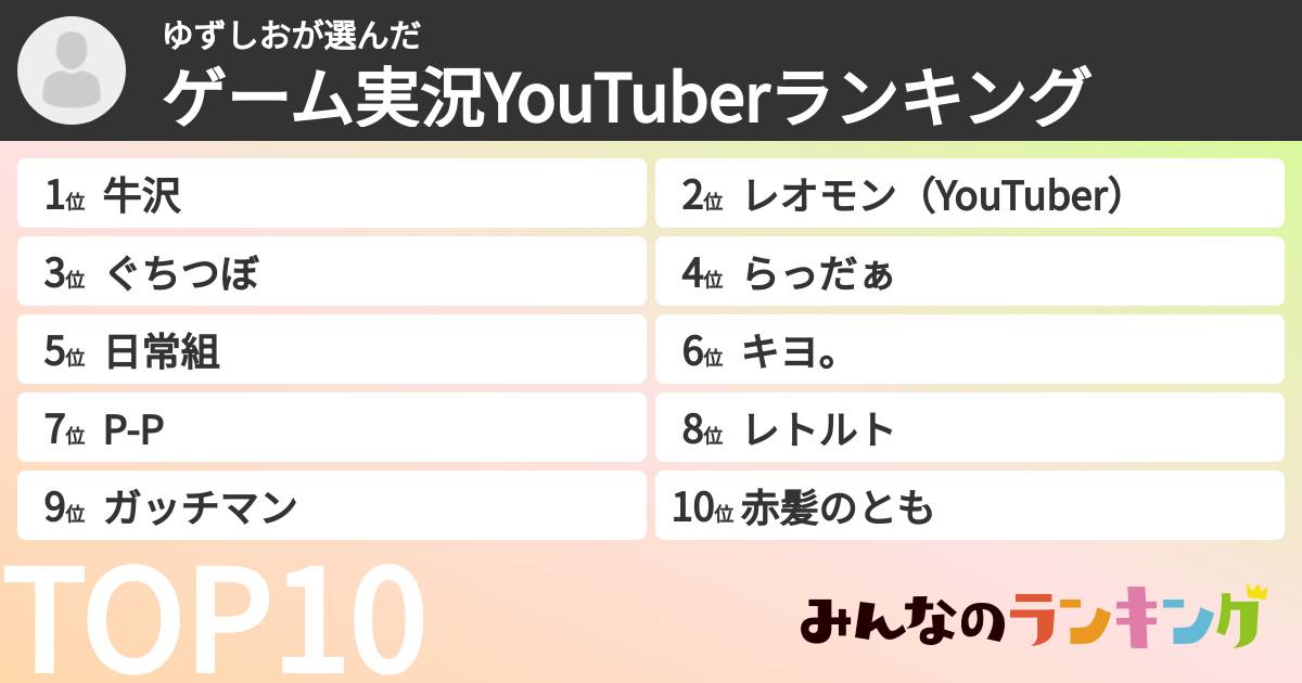 ゆずしおさんの「ゲーム実況YouTuberランキング」