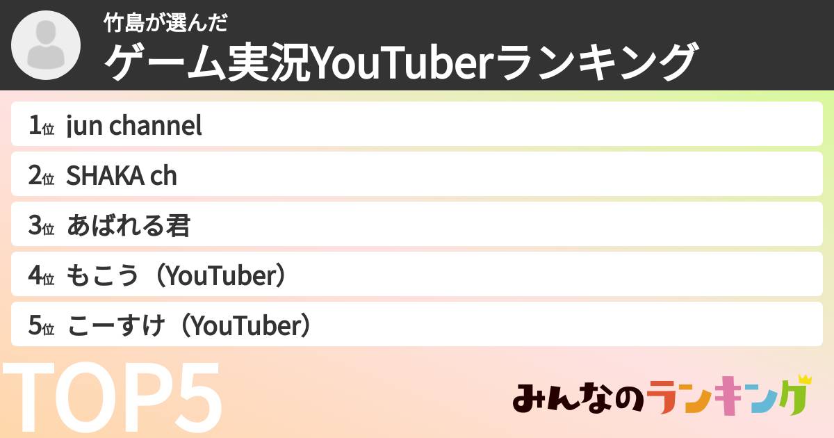 竹島さんの「ゲーム実況YouTuberランキング」
