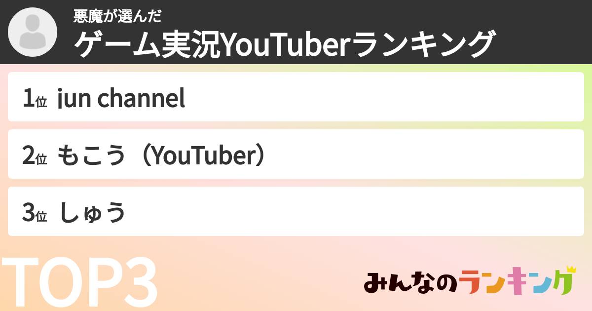 悪魔さんの「ゲーム実況YouTuberランキング」