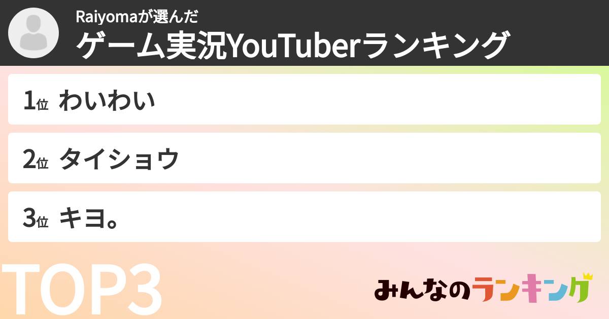 Raiyomaさんの「ゲーム実況YouTuberランキング」