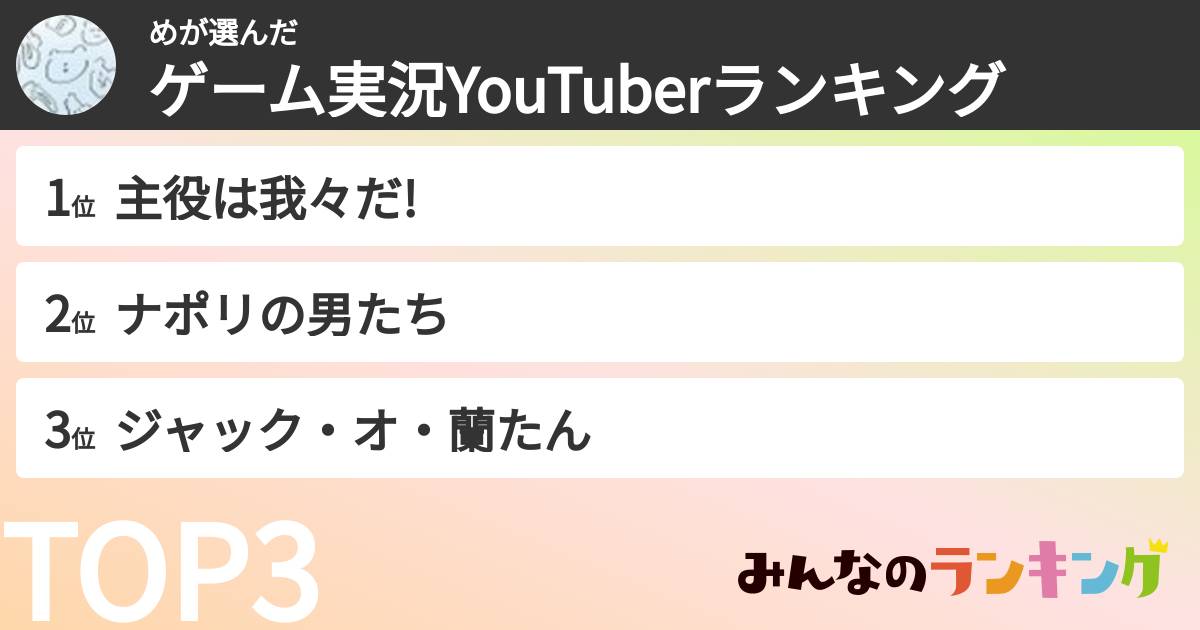 めさんの「ゲーム実況YouTuberランキング」