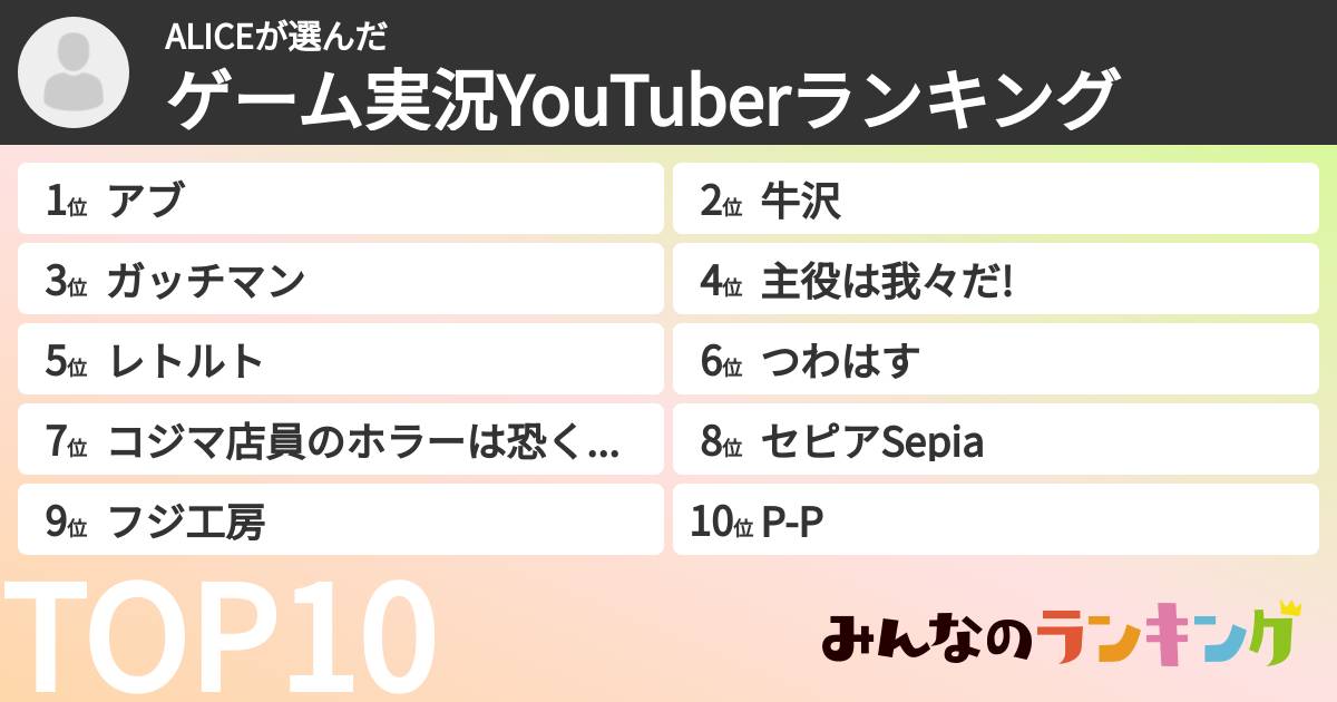 ALICEさんの「ゲーム実況YouTuberランキング」