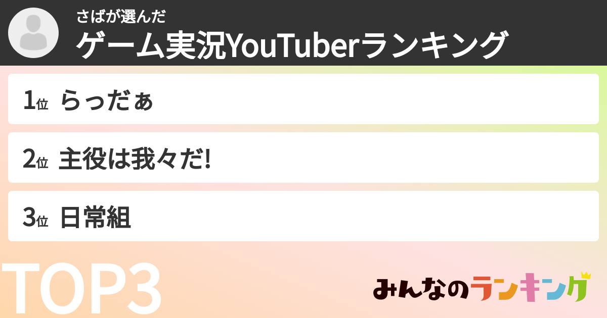 さばさんの「ゲーム実況YouTuberランキング」