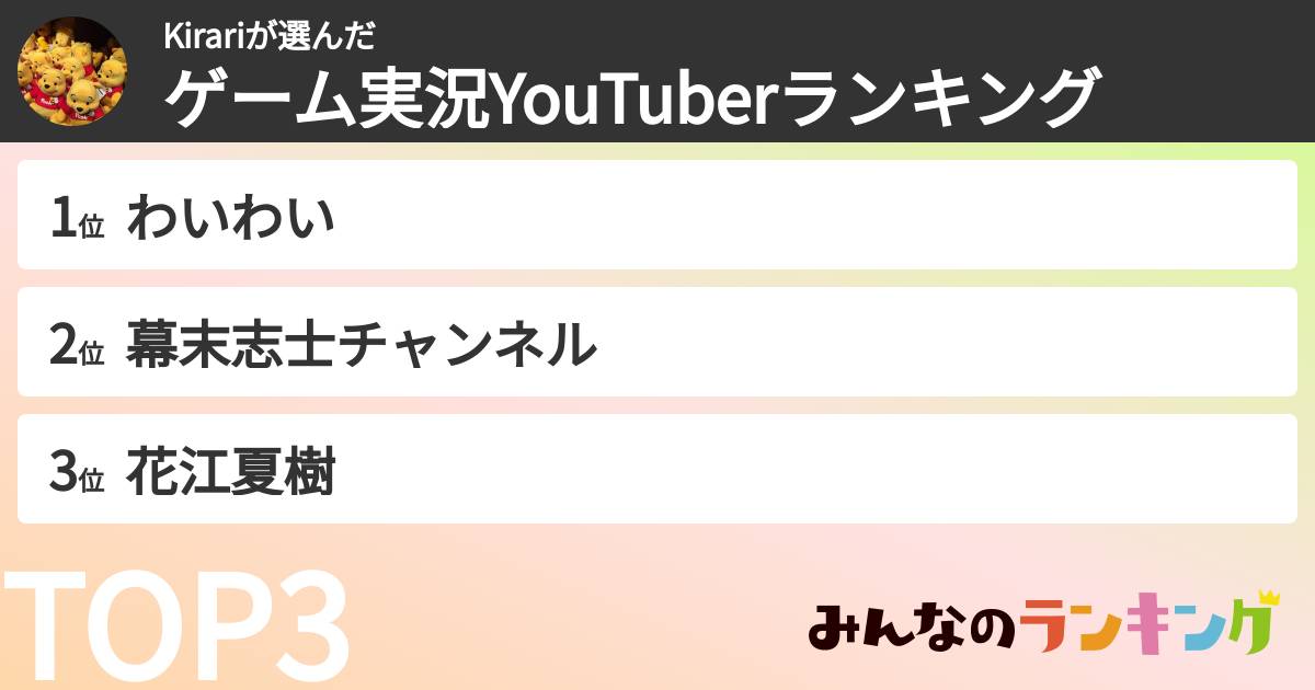 Kirariさんの「ゲーム実況YouTuberランキング」