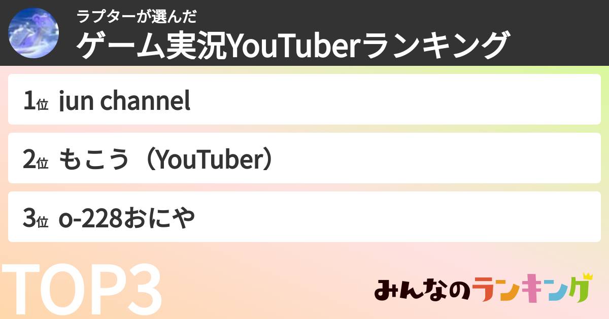 ラプターさんの「ゲーム実況YouTuberランキング」