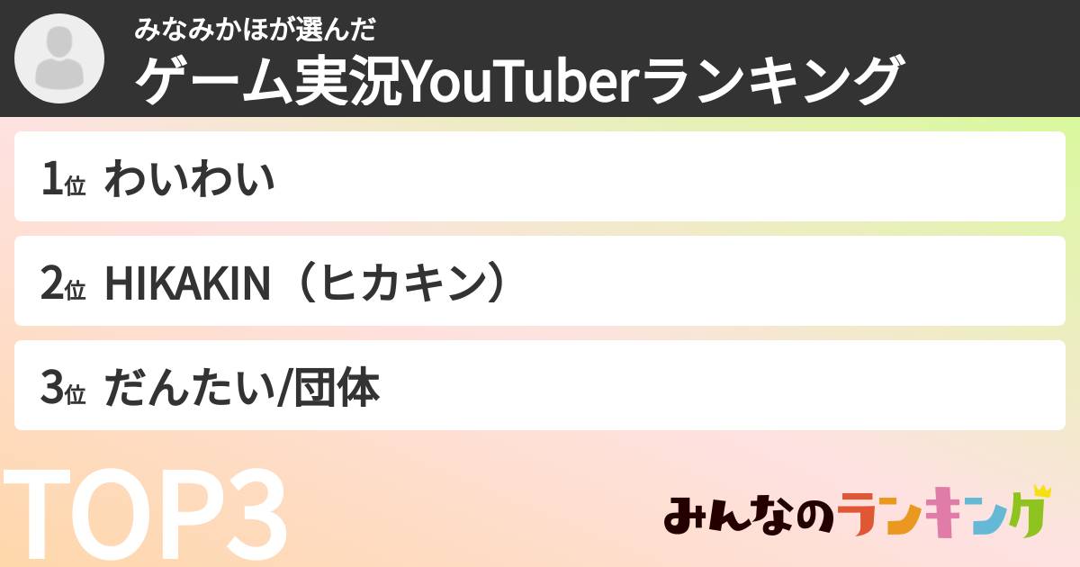 みなみかほさんの「ゲーム実況YouTuberランキング」