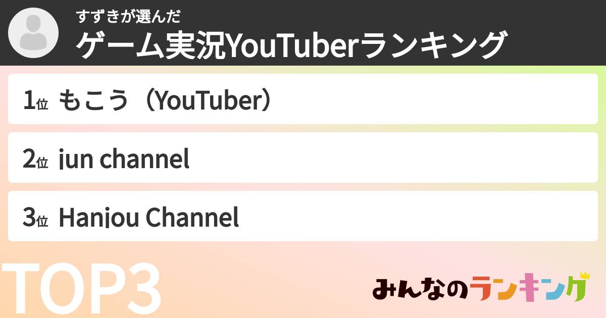 すずきさんの「ゲーム実況YouTuberランキング」