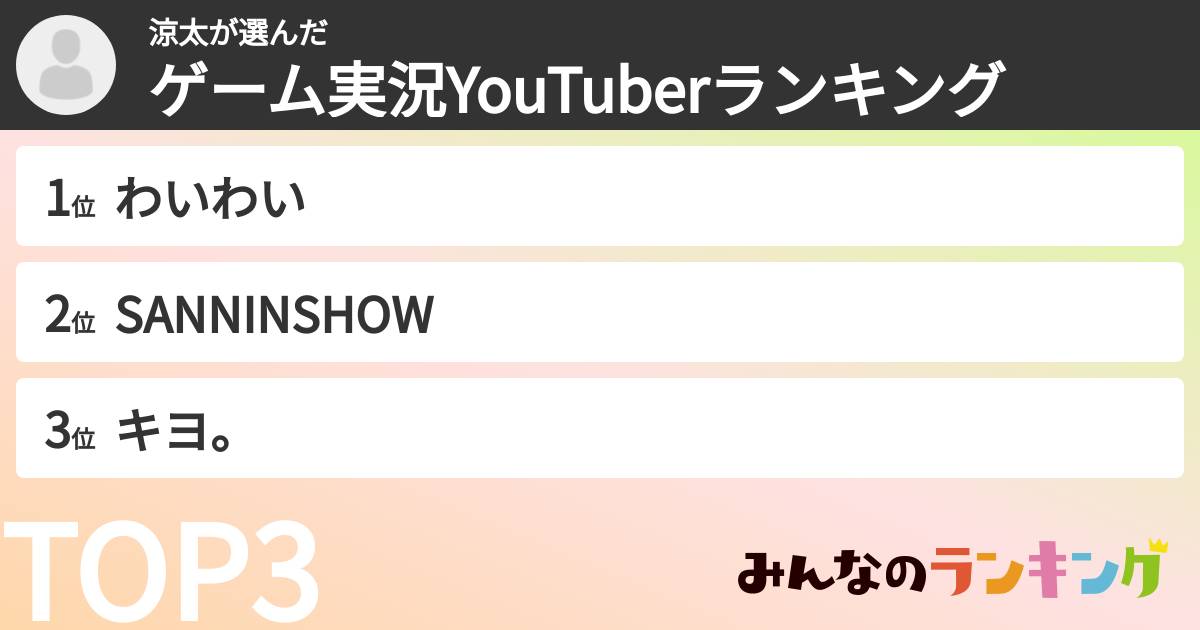 涼太さんの「ゲーム実況YouTuberランキング」